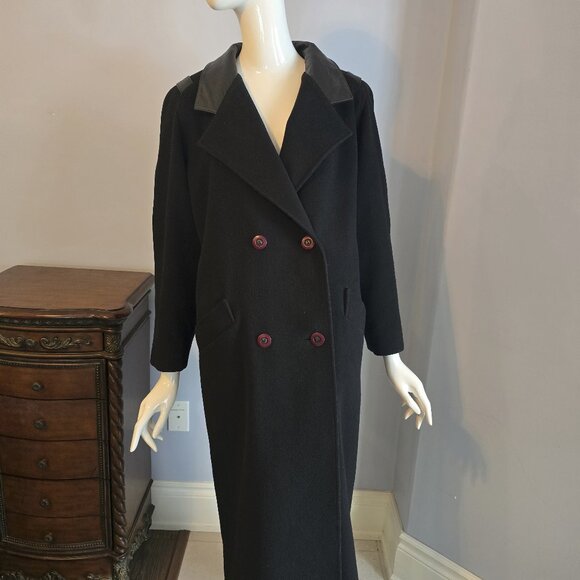 Long Black Wool Coat with Leather Lapels& Tri Burgundy Buttons – Double-Breaste - Picture 1 of 5